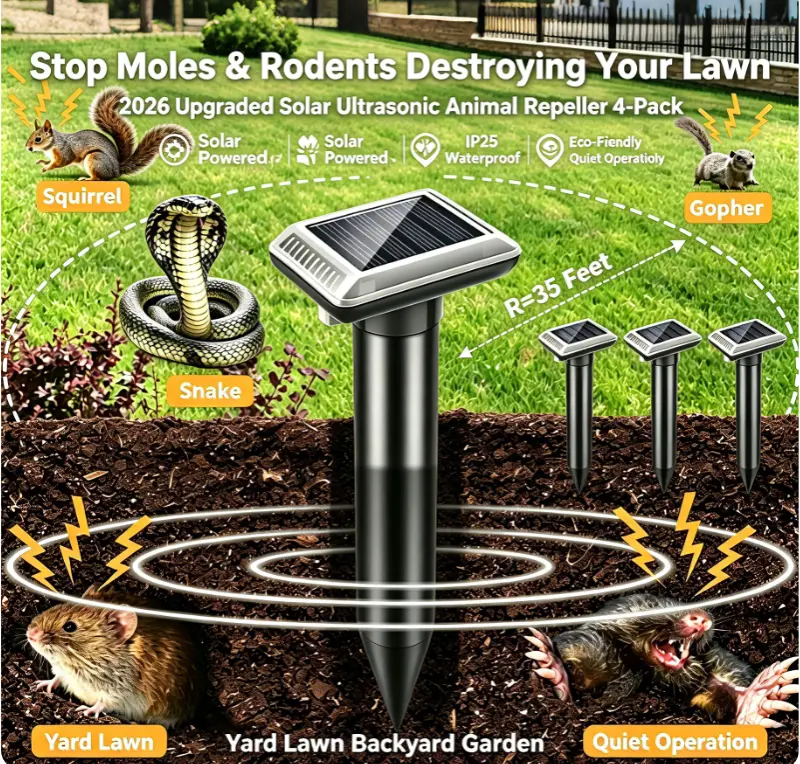 Solar Ultrasonic Animal Repeller  Sunlight Powered, IP65 Pest Control Solutions, Repels Moles, Gophers, Voles, Snakes, Rodents for   YardLawnBackyard  4-Pack 2026 Upgraded