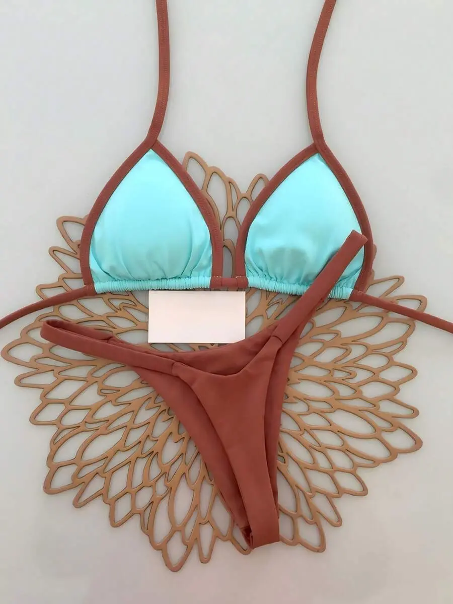 Women's Summer Beach Patchwork Halter Tie Sexy Bikini And Triangle Briefs Swimwear Set Vacation