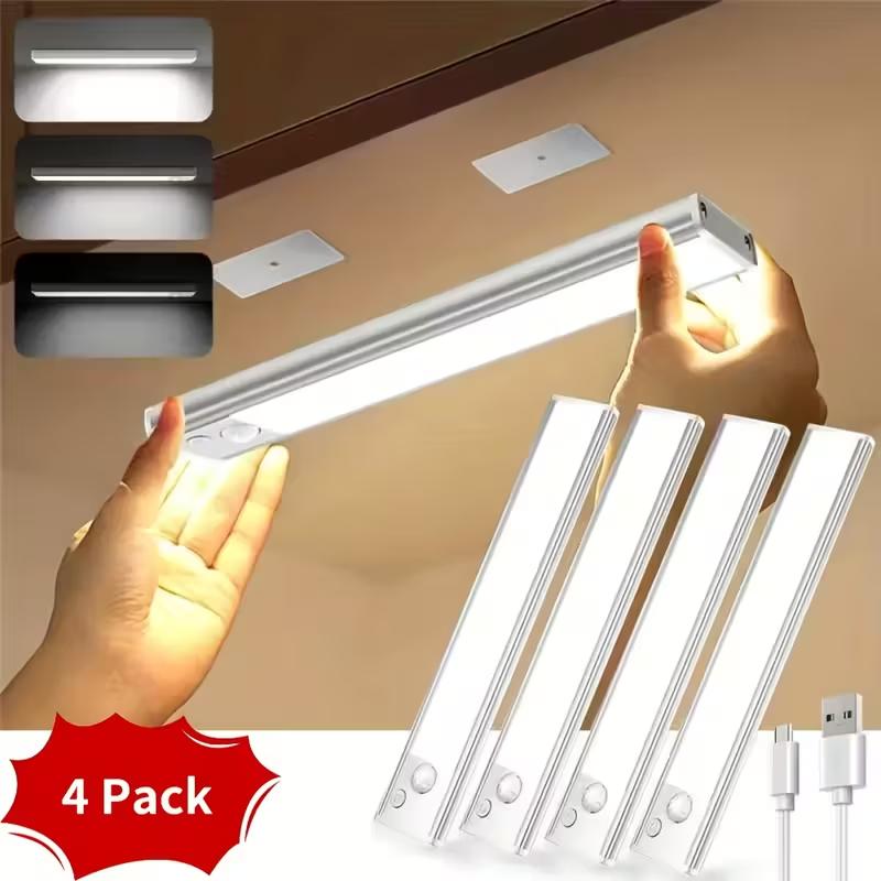 Motion Sensor Under Cabinet Lights 4 Pack, 3 Color Temperatures, Wireless USB Rechargeable, 2200mAh Battery, Magnetic Stick-On, 200 Lumens, Auto & Always-On Modes, Indoor Closet & Kitchen Lighting Dimmable Nightlight