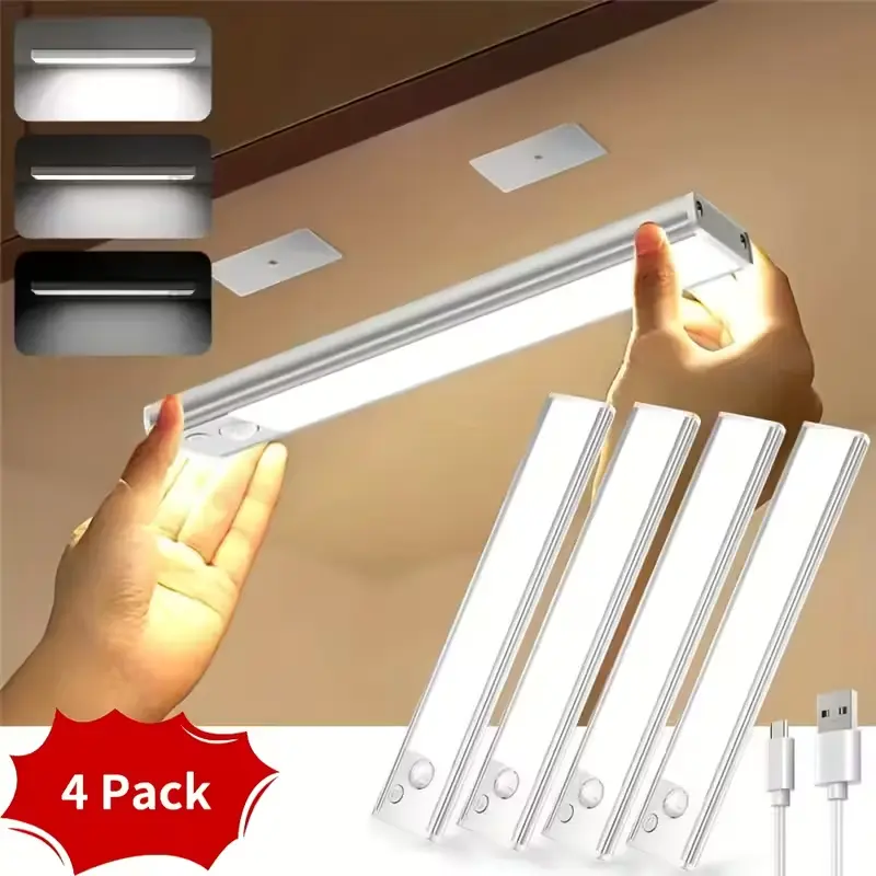 Motion Sensor Under Cabinet Lights 4 Pack, 3 Color Temperatures, Wireless USB Rechargeable, 2200mAh Battery, Magnetic Stick-On, 200 Lumens, Auto & Always-On Modes, Indoor Closet & Kitchen Lighting Dimmable Nightlight