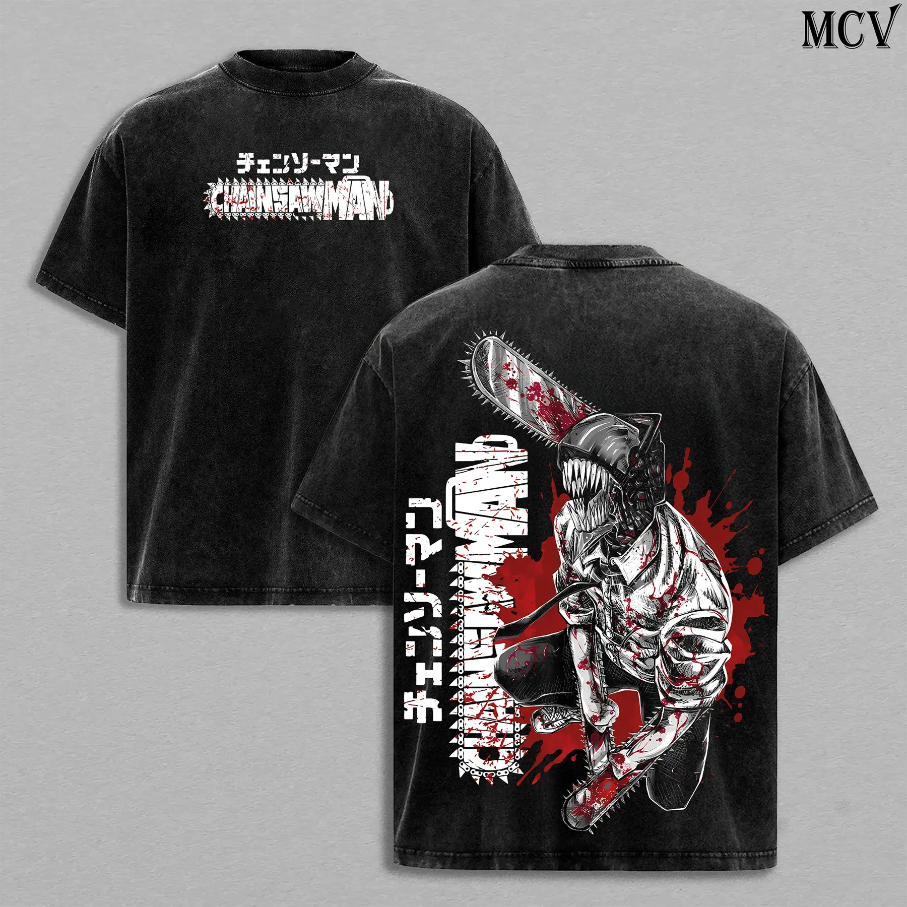 Menswear Vintage Washed Denji Chainsaw Man Graphic T-Shirt, Double-Printed Heavyweight Cotton Oversized Short-Sleeve Top, Unisex Manga Streetwear Fabric Tee Made to Order, Tshirt, Shortsleeve, Retro, Original, Aesthetic