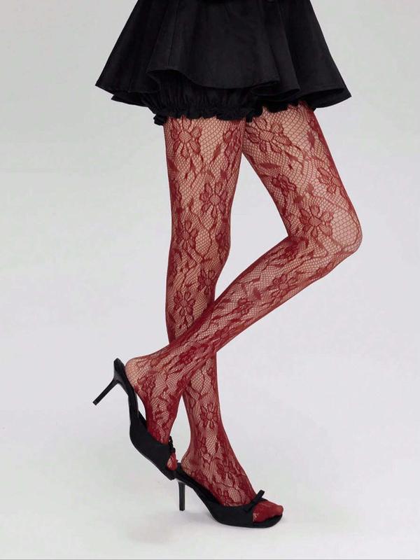 Thin Solid Color Sheer Hollow Out Pantyhose, Sexy Lace Net Stockings, Black & Wine Red For Women
