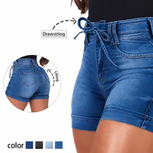 Chic Women's High - Rise Cuffed Denim Mini Cute Shorts - Stylish Bow Tie Detail