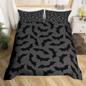 Feelyou Bat Print Decorative Duvet Cover Set - Full-Queen Size Microfiber Bed Set, Lightweight Grey Halloween Themed Quilt Cover (No Comforter)