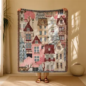 Beautiful House Pattern Bohemian Yarn Jacquard Woven Blanket with Tassel, Thick Soft Washable Blanket, Used for Home Decor Sofa Chair Bed Tapestry Tablecloth Floor Garden Picnic Outdoor Camping