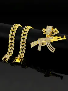 Hiphop Ak47 Rifle Full Diamond Pendant Necklace, Alloy Chain Cuban Link, Street Trend Artisan Jewelry, Hip Hop Unique Accessory