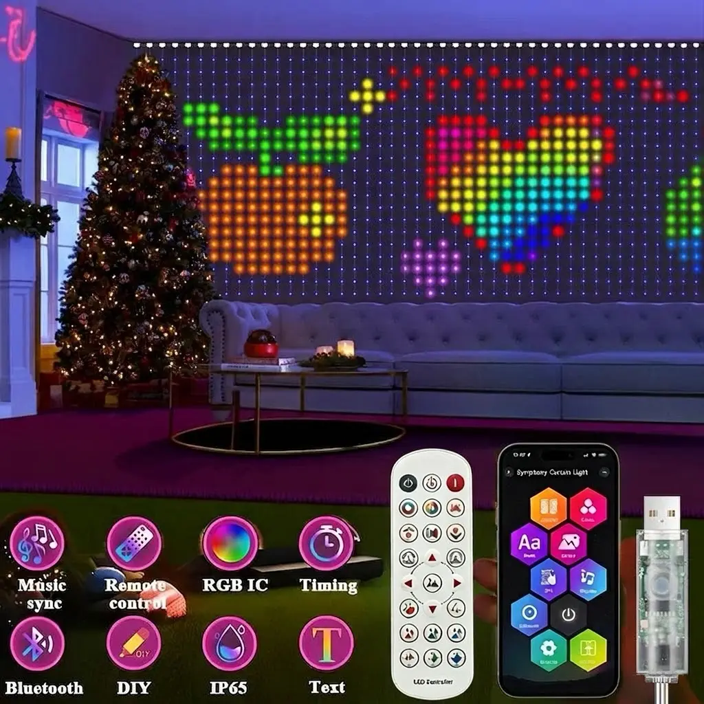IP65 Waterproof RGB LED Curtain Lights - USB 3×3m 400LEDs Surplife APP-Controlled Decorative Lights with DIY Text, Graffiti & Custom Designs, Customizable Indoor Accent LED Strip for Halloween, Christmas, Customizable Led Strip Indoor
