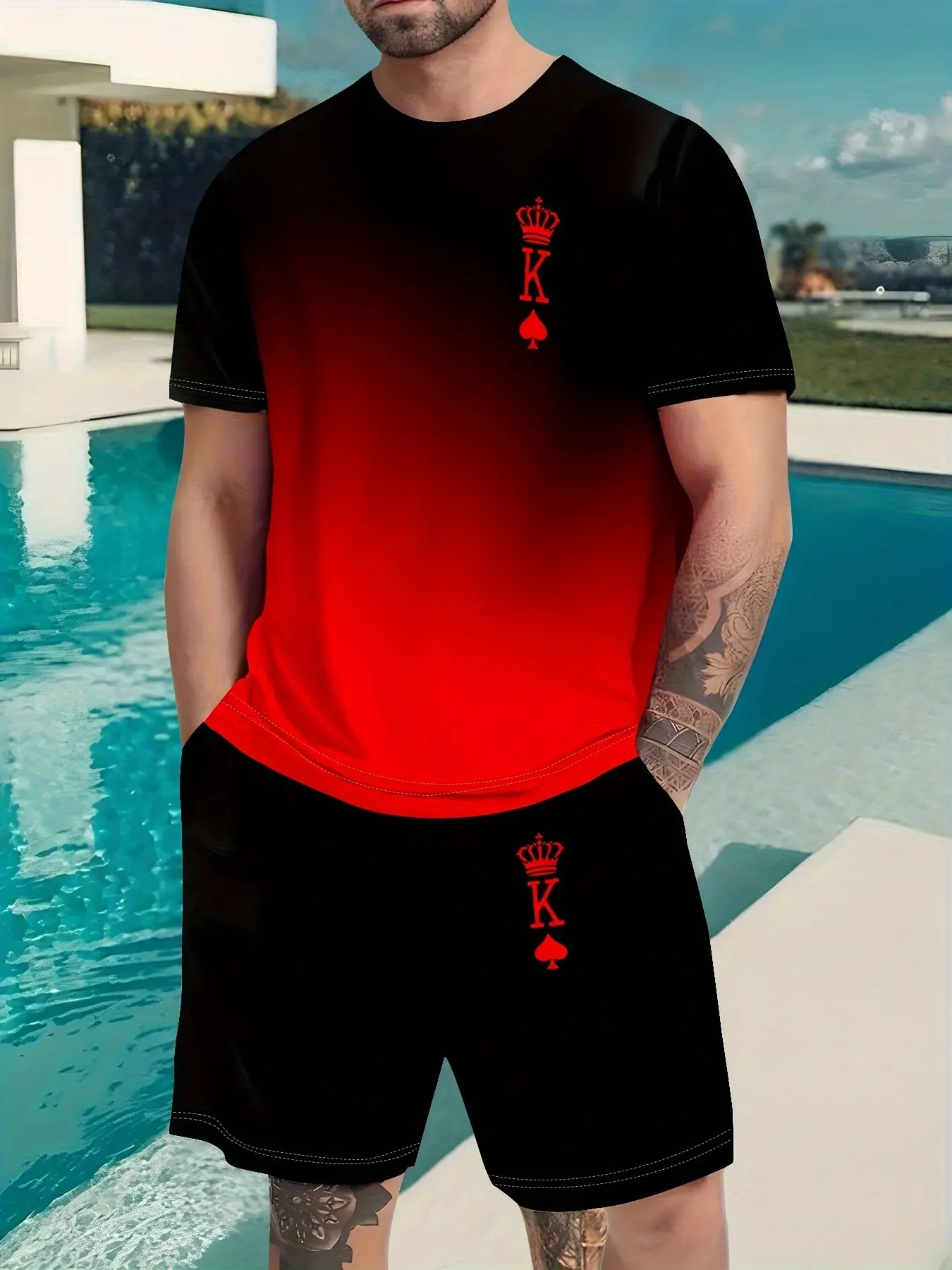 Gradient Color Short Sleeve Tee for Men, Casual Sports Set, Athleisure Activewear Clothing, Athleisure Summer Clothes, Summer Fashion Top, Super Comfortable and Breathable, Slim Fit Design, Shorts Included, Activewear Shorts Sets