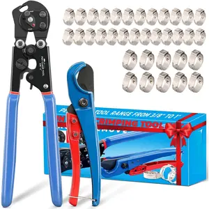 2 IN 1 Ratchet Pex Crimping Tool Cinch and Remove Combo Function Pex Pipe Crimp Tool from 3/8" to 1" Pex Crimper with Pex Cutter and Stainless Steel Pex Clamps 1/2" 25PCS,3/4" 10PCS