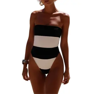 Women's One Piece Color Block Strapless Swimsuit High Cut Bandeau Bathing Suit tankini swimsuits set swimsuit women onepieceswimsuit plus size swimsuits tankini women bathing suits for the summer swim sets for women women's swimsuits swimsuits 2 piece