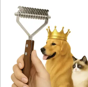 Pet Clinic Level Walnut Pet Grooming Comb, Stainless Steel Dual Sided Knot Remover for Dogs &Cats, Shedding &Dematting Undercoat Rake Comb
