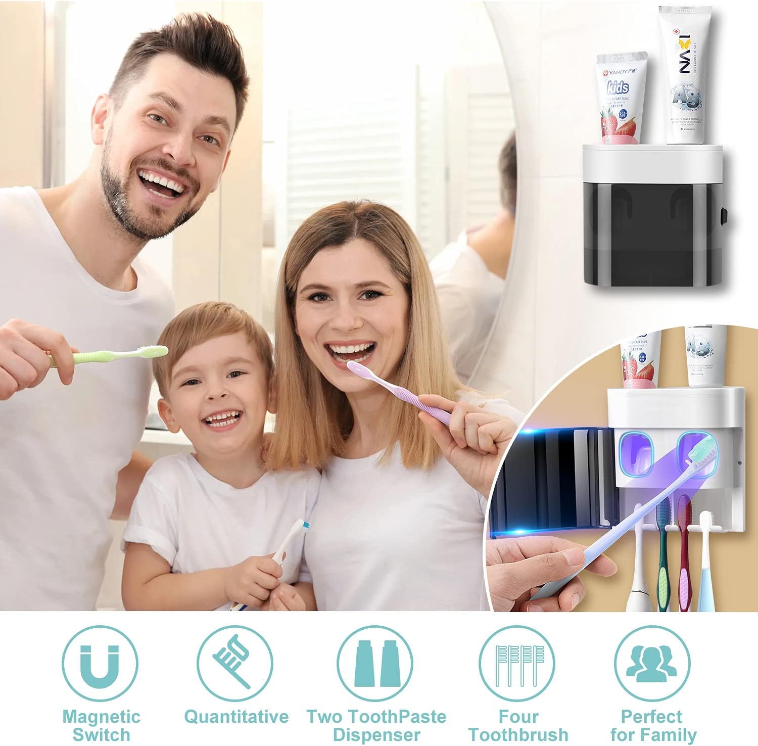 Wall Mounted Toothbrush Holder with Toothpaste Dispenser 4 Slots Automatic Squeezer Kids Bathroom Storage Organizer