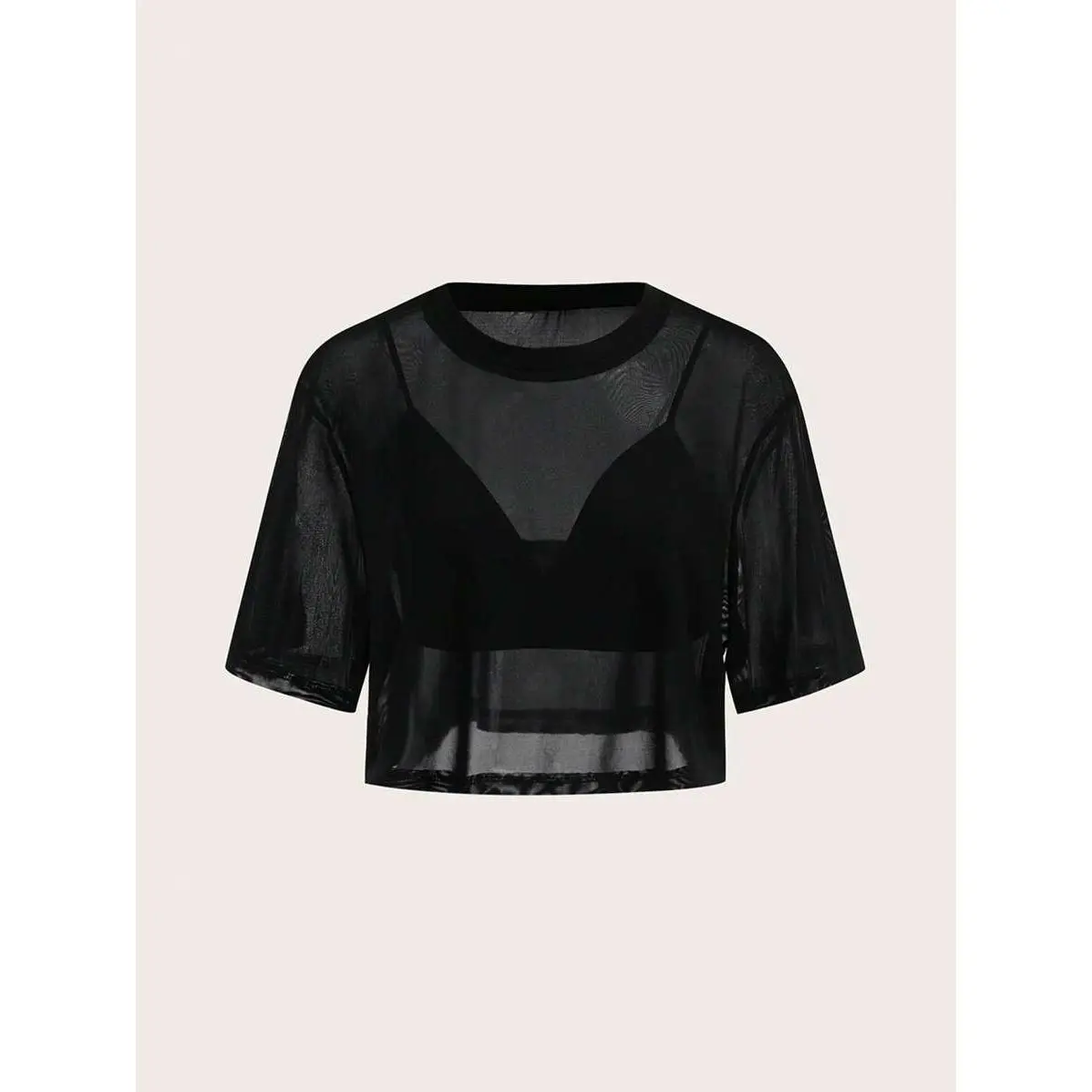 SHEIN BASICS 2pcs Casual Solid Color Cropped Camisole & Round Neck Loose Cropped Short Sleeve Sheer Mesh Top/Summer