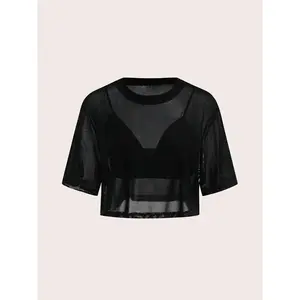 SHEIN BASICS 2pcs Casual Solid Color Cropped Camisole & Round Neck Loose Cropped Short Sleeve Sheer Mesh Top/Summer