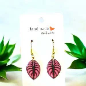 Red Cuprea Alocasia Leaf Earrings - Handmade with Love, Elegant Design, Natural Color, Simple