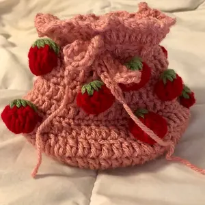Crochet Pink Strawberry Pouch