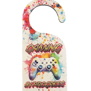 Gaming Door Knob Hangers Colorful Splatter Design with GAMING IN PROGRESS Text for Gamers Featuring Vibrant Controller Artwork Hangable Wood Decor Hanging Wooden Decoration Ornaments