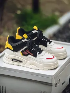 Men's Beige-Brown-Blue Color-Block Platform High-Top Sneakers: Leather Splicing + Height-Increasing Anti-Slip, Trendy Casual Sports Shoes