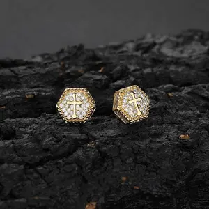 【PANG Jewelry】New Hexagonal Cross Zircon Stud Earrings Are Trendy and Unique, Full of Diamonds and Hip-Hop Earrings for Men and Women