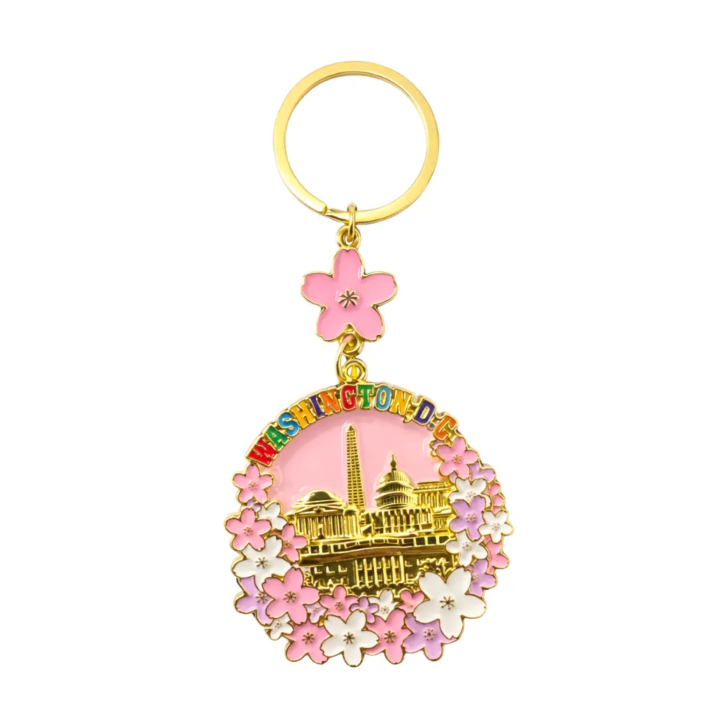 Washington DC Landmarks Panorama Cherry Blossom Keychain, Compact Keychain with Dainty Floral Detailing, Compact Keychains, Dainty Floral Detailing Keychains