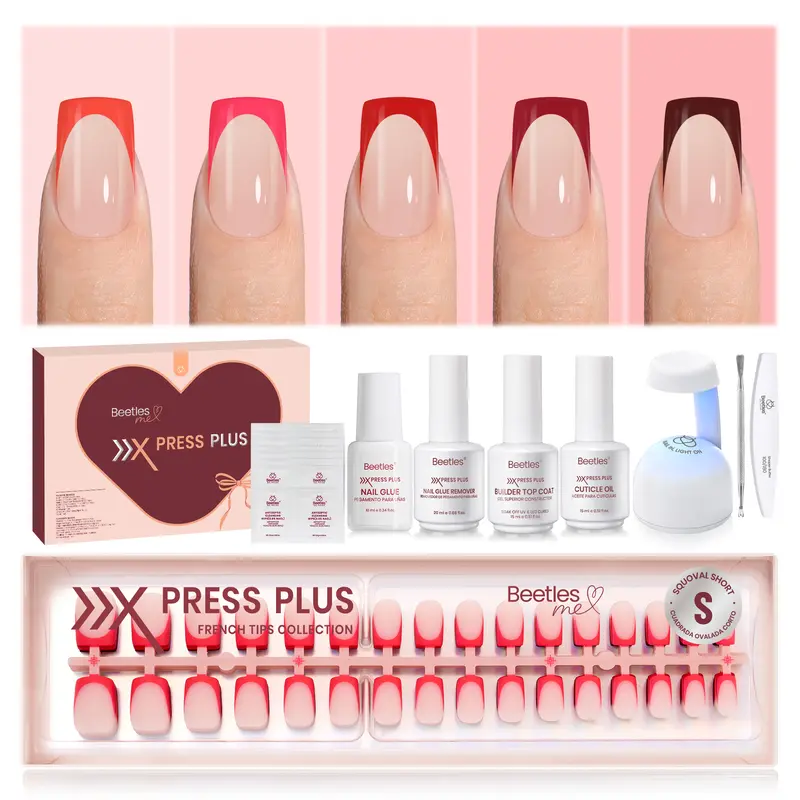 Beetles X Press Plus Press On Nails Tips Set, French Tip Pink Brown Short Square Almond Shape Natural Acrylic Nail Tips for Effortless Beauty & DIY Manicures Fall Nail Halloween Nail Black Friday Winter Nail Christmas Gift