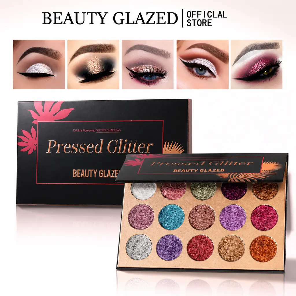 BEAUTY GLAZED Pressed Glitter Premium Shimmer Eyeshadow Palette - Ultra Pigmented, Long-Lasting Multicolor Makeup Palette, Smooth Cosmetic for Eyes, Lips, Suitable for All Skin Types