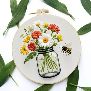 Flower Pattern Embroidery Kit with One Hoop, Vase Embroidery Set, Bee Needlework Craft, DIY Handmade Art Project, Embroidery Design