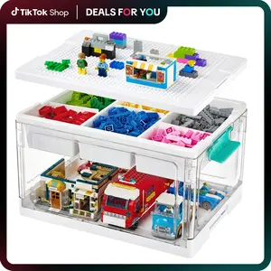Vtopmart 1-2 Pack 24QT Collapsible Building Block Storage Bin, Multilayer Adjustable Organiser with Building Baseplate Lid, Removable Tray & Divided Compartment for Art Crafts Sensory Toys, Water&Dust Prooft, DealsForYouDays (Mid Year Sale Restock), DFYD