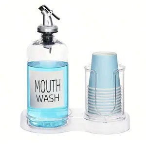 Plastic Mouthwash Dispenser with Cup Holder, Clear Mouth Wash Pump Bottle with Tray for Bathroom Organizers, 16oz Refillable Mouthwash Container, Storage Dispenser
