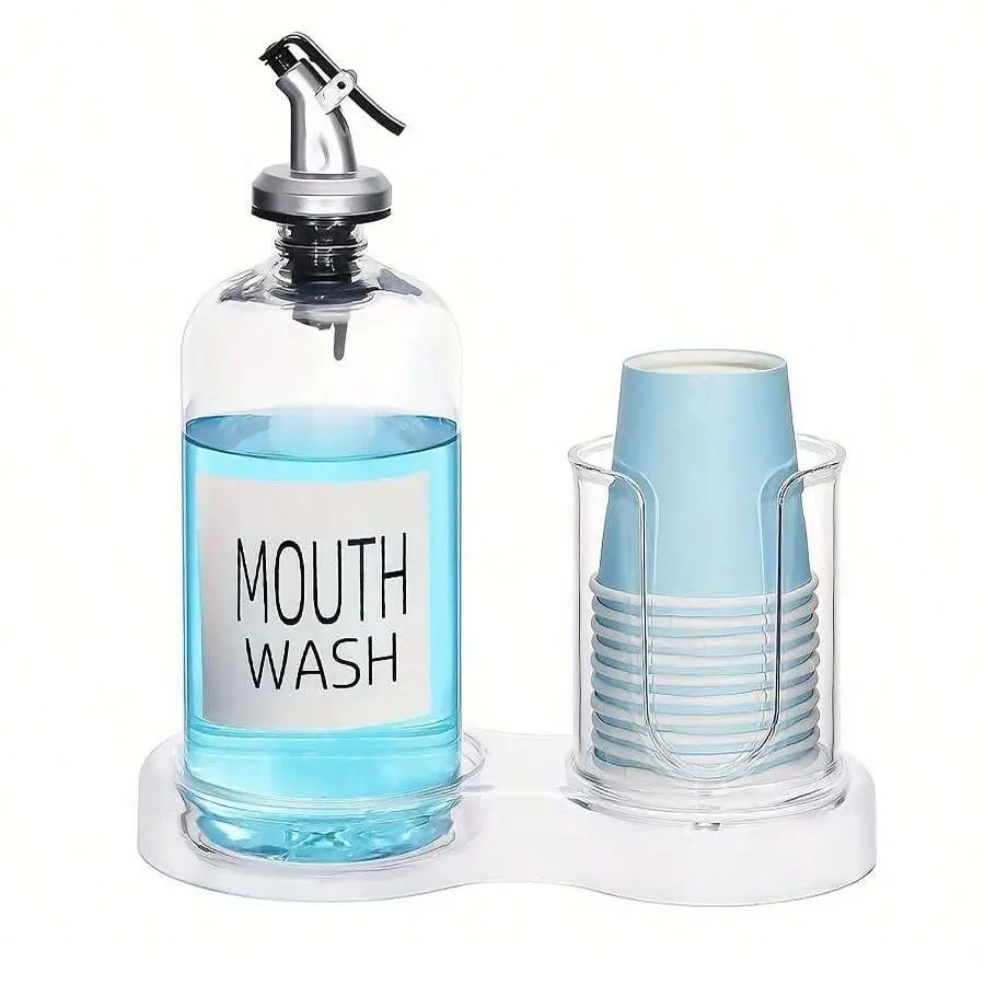Plastic Mouthwash Dispenser with Cup Holder, Clear Mouth Wash Pump Bottle with Tray for Bathroom Organizers, 16oz Refillable Mouthwash Container, Storage Dispenser, Bathroom Accessory