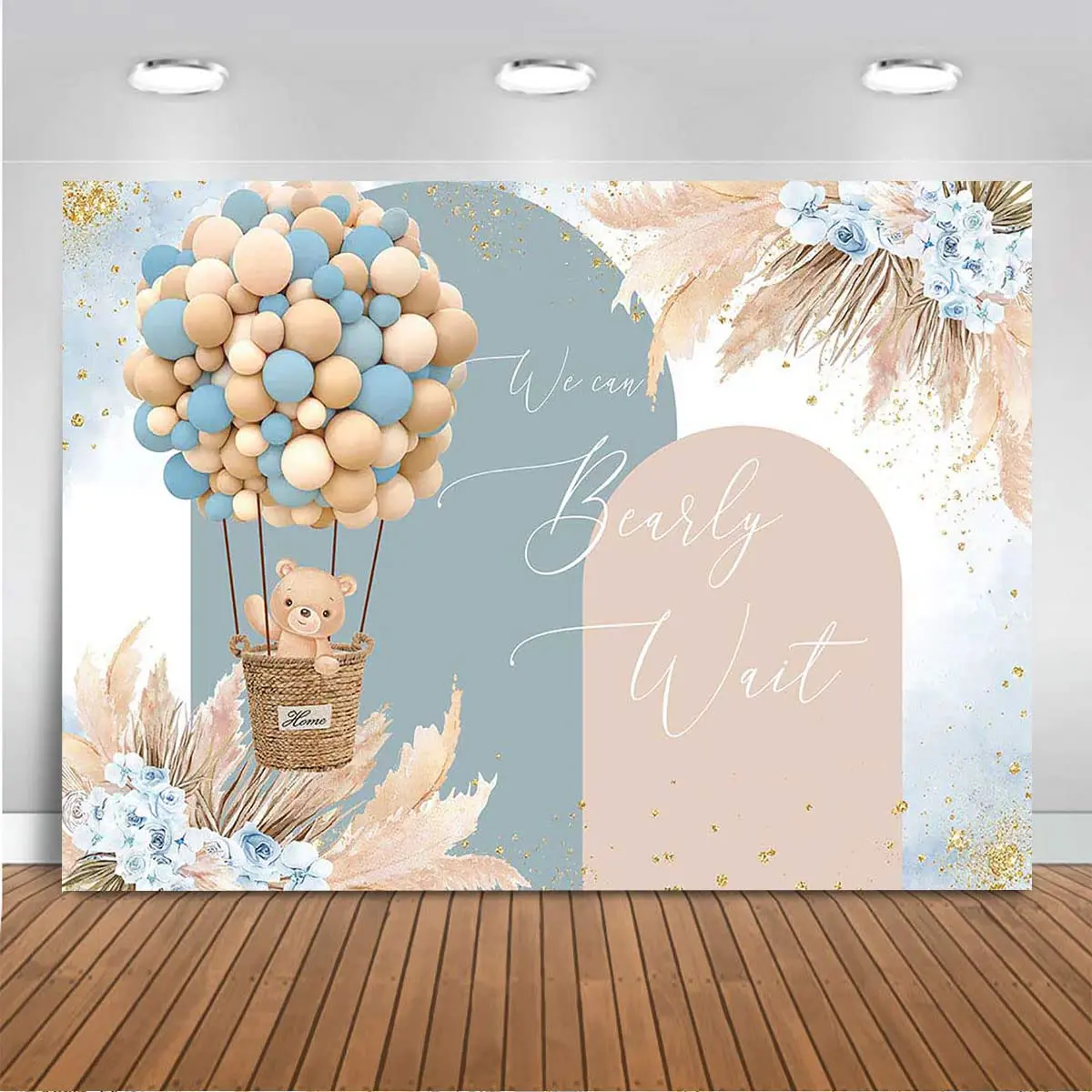 7x5ft We Can Bearly Wait Backdrop Banner Boho Blue Pampas Grass Bear Boy For Shower Decorations Photo Booth Props