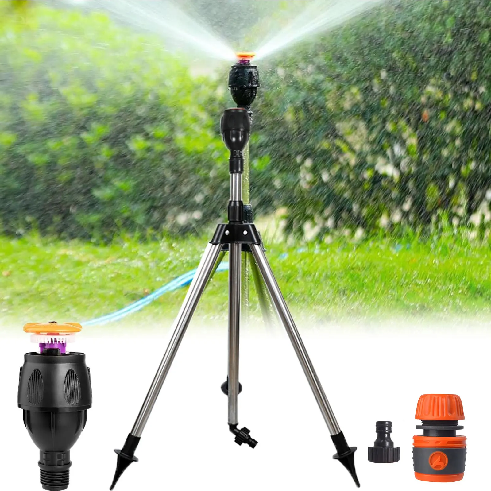 Serbasic Rotating Tripod Sprinkler, Sprinklers for Lawn Garden Yard, 360 Degree Large Area Automatic Double-Sided Coverage, Telescoping Water Sprinkler with Metal Tripod Base for grass irrigation