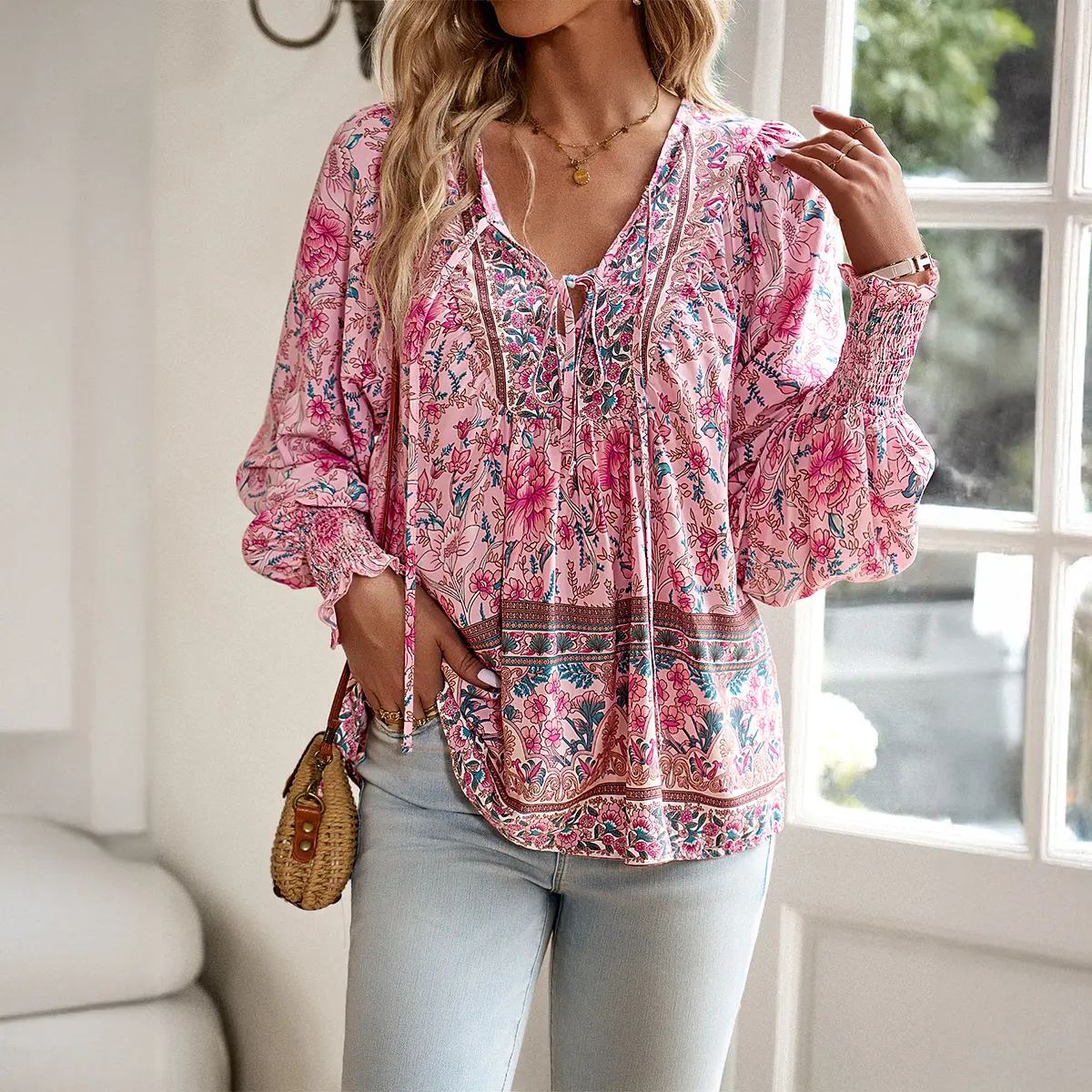 Women's Bohemian Floral Print Longsleeve Top, Casual Lace Up V-Neck in 100% Viscose for Outdoors and Vacation, Lady, Ethnic, Blouse, Shirts, Casual Comfy Shirt, Fabric, Longsleeves