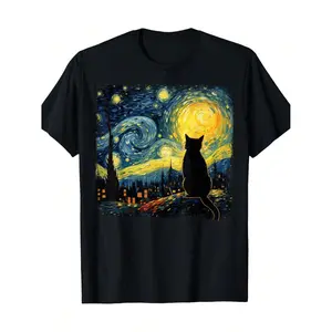 Starry Night Cat Lover TShirt Crafted from Pure Cotton with Round Neck Design