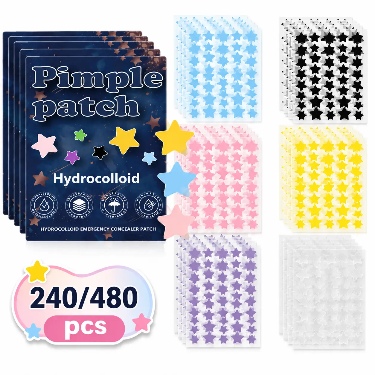 Cute Star Acne Patches, 6 Colors, 240/480 Count, Facial Hydrocolloid Pimple Patches
