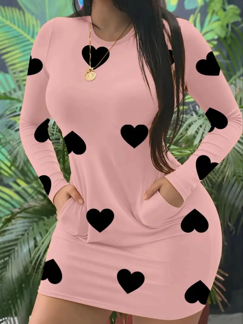 Women's Fashion Heart Print Tight-Fitting Long Sleeve Dress, Sexy Style, All Seasons, Perfect for Casual Wear