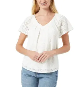 Cupio Ladies' Size Large (10-12) Soft Lined Lace Top, Cream (Whisper White)