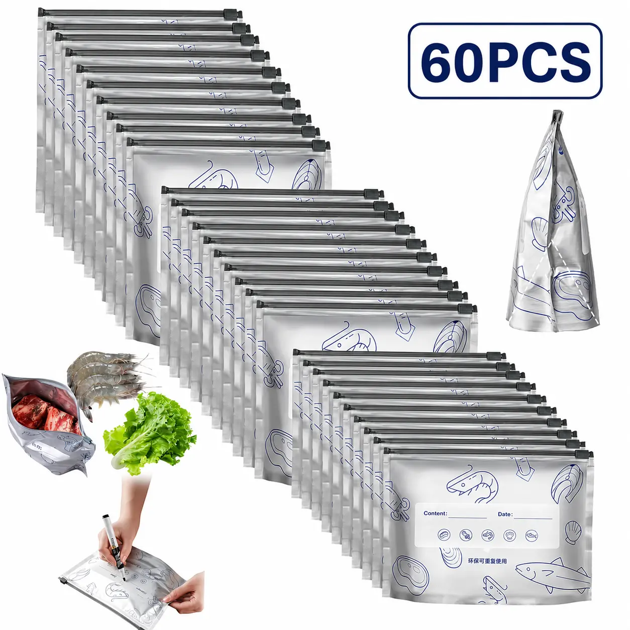60 PCS 3 Size Reusable Preservation Bags, Airtight VacuumSealer Food Storage Bags, Leak Proof Freezer Safe, StandUp Foil Sealable Pouches for Meal Prep, Pantry Organization,Travel Snacks
