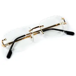 Rectangle Unisex Frameless  Wire Frame Luxury Trendy  Cut Retro 90's Rimless Clear Lens  Hop  Cut Square Eye Glasses For Men Women