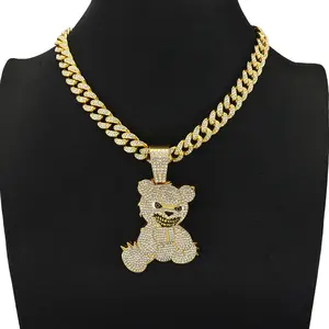 Hip Hop Bear Pendant Cuban Chain Necklace Shiny Rhinestone Decor Unisex Street Fashion Jewelry For Daily And Party Wear