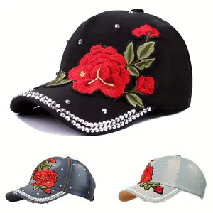 Bling Women Baseball Cap Flower Snapback Rhinestone Sun Hats Adjustable Denim Jeans Hat