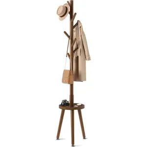 Coat Rack with 8 Hooks, Wooden Coat Rack Freestanding with Shelf, Coat Tree with 4 Height Options 50.5"-72.6", Coat Hanger Stand for Bags, Clothes, Umbrellas, Hats, in Home, Brown