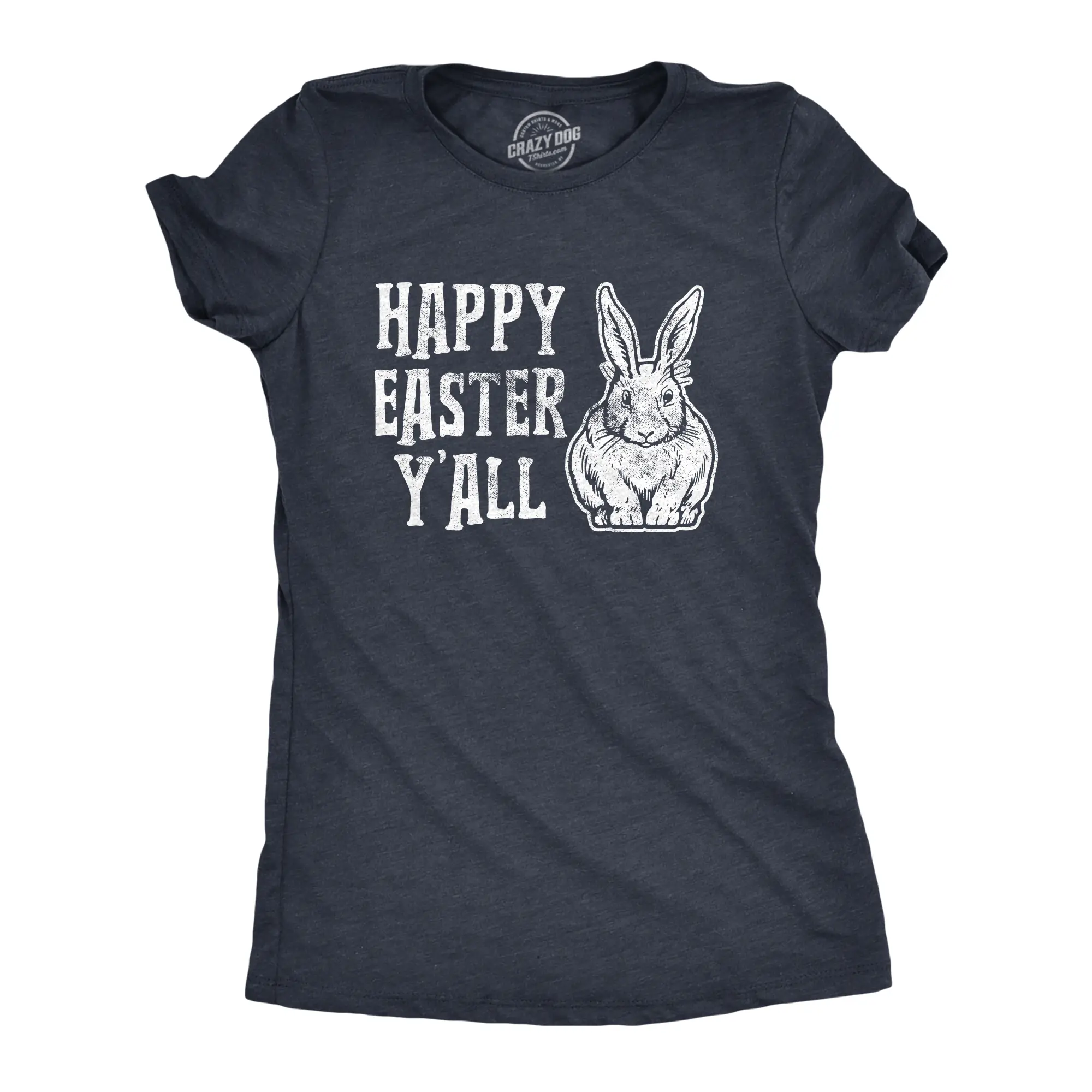 CRAZY DOG T-SHIRTS Women's Fitted Happy Easter Y'all Graphic T-Shirt - Funny Bunny Saying, Egg Hunt Basket Gift for Ladies, Cute Vintage Casual Easter Top, Navy Novelty Tee