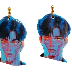 Jinu Kpop Demon Hunters Gold Plated Stud Earrings with Vibrant Blue and Red Color Accents