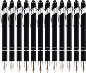 12- Black Ballpoint Pen with Stylus Tip, 2 in 1 Stylish Metal Touch Screen Pen - Black Ink, 1.0 mm Medium Point - 5.5 x 0.4 inch / 14 x 1 cm