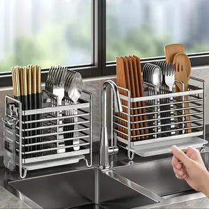 1pc Chopstick Holder, Kitchen Punch-free Wall-mounted Cutlery Storage Box, 2/3 Grids with Drain Tray And 4 Hooks, Knife Fork Spoon Storage - Perfect Organizer for The Kitchen