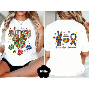 Autism Awareness T Shirt, Colorful Puzzle Piece Butterfly And Text Design For Support And Love Awareness Events,Autism Awareness T-Shirt With Colorful Puzzle Pieces Peace Sign Heart And Ribbon Design Accept Love Understand Message For Autism Support And A
