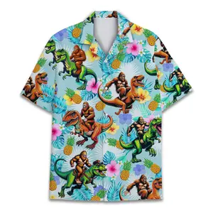 Bigfoot Riding Dinosaur Hawaiian Shirt Menswear, Sasquatch Floral Collared Button Shortsleeve Aloha Top, Casual Tropical Polyester Streetwear