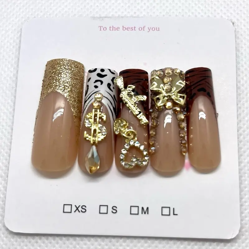 Acrylic False Nail Kit - Brown Print, Feminine, Glamorous, S-M Size Acrylics for Nail Art Decoration