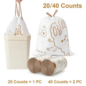 4 Gallon Small Trash bags Drawstring ，small Bathroom Garbage Bags， 20 pcs / 40 pcs Trash-Can-Liners for Bathroom Kitchen Office，White rabbit print style 4-gallon small trash can Liners